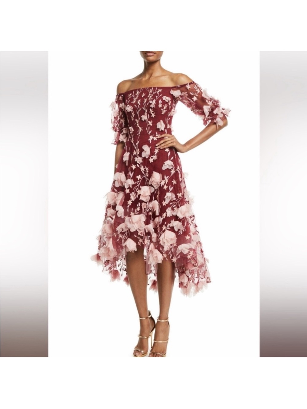 Marchesa Notte Off-Shoulder Burgundy Floral Appliqué Midi Dress size 2 xs